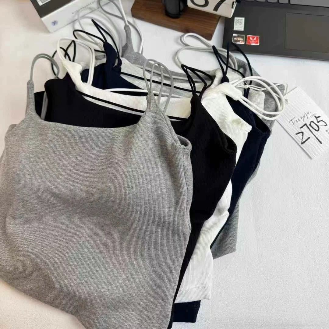 2705 Spring New Women's All-in-One Cup Double Shoulder Strap Back Hollow Simple All-Match Sexual Beautiful Back Sling Fixed Vest