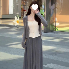 早秋装搭配一整套气质女神范高级感小香风假两件上衣半身裙子套装