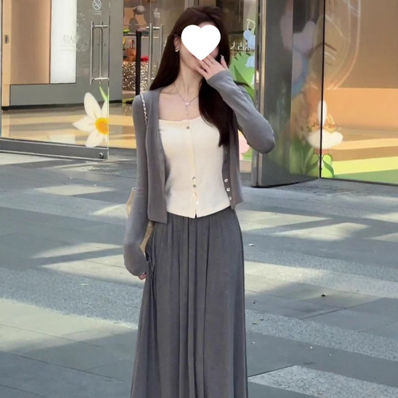 早秋装搭配一整套气质女神范高级感小香风假两件上衣半身裙子套装|undefined