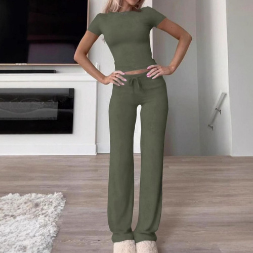 2025 Spring Cross-Border Women's Amazon Best-Selling Solid Color Pants Short-Sleeve Casual Fashion Two-Piece Set
