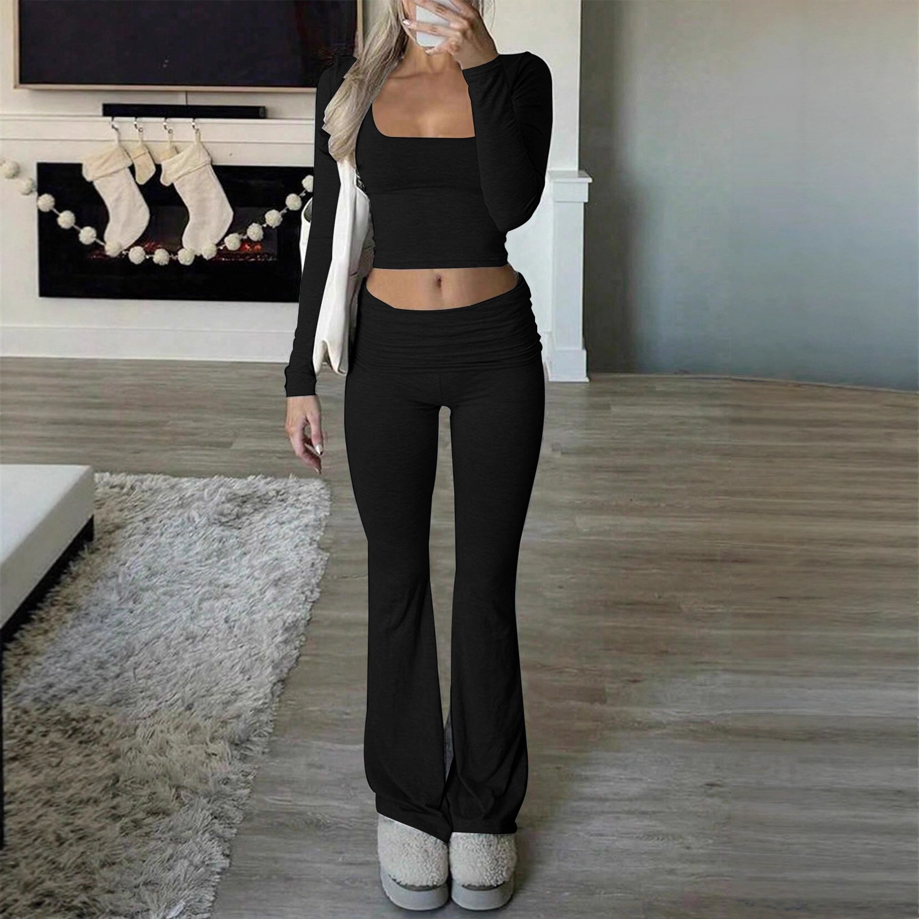 Damen-Trainingsanzug-Set aus geripptem Strick, bestehend aus einem langärmeligen Oberteil mit eckigem Ausschnitt und einer Jogginghose – lässige Loungewear_voghion.com