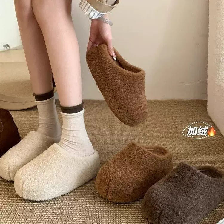 保暖复古韩版2025棉拖鞋新款厚底毛毛拖鞋女加绒外穿冬季白色时尚