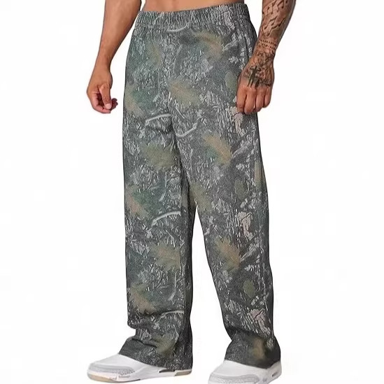 YOUNGLA American-style trendy casual camouflage print straight-leg trousers for sports and fitness, loose-fitting wide-leg pants.