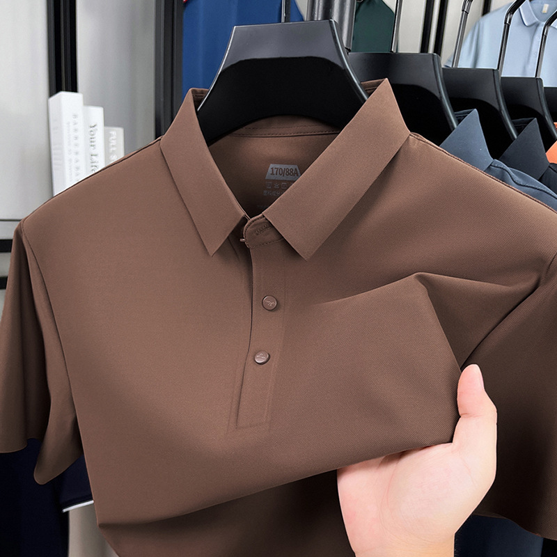 Big Brand Summer Ice Silk Cotton T-Shirt for Men, Short-Sleeve, Turn-Down Collar, Solid Color, Seamless Polo Shirt, Young Luxury Top