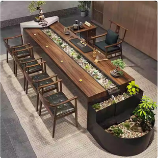 Circulating Water Tea Table Fish Faring Zen Tea Table Creative Landscape Integrated New Chinese Antique Solid Wood Tea Table and Chair Combination