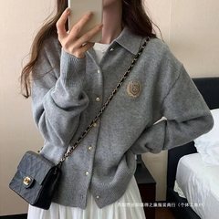 灰色刺绣翻领毛衣外套女秋冬复古慵懒宽松外穿感针织开衫