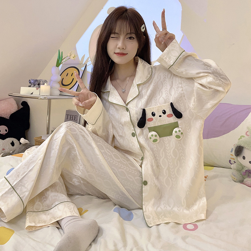 Bolsillo cachorro de dibujos animados pijamas las mujeres solapa seda del hielo cardigan manga larga Otoño e Invierno lindo dulce chica desgaste en casa traje