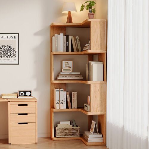 Solid Wood Corner Bookshelf Floor Standing Shelf Home Bookcase Living Room Simple Multi-Level Wall Corner Cabinet Storage Shelf