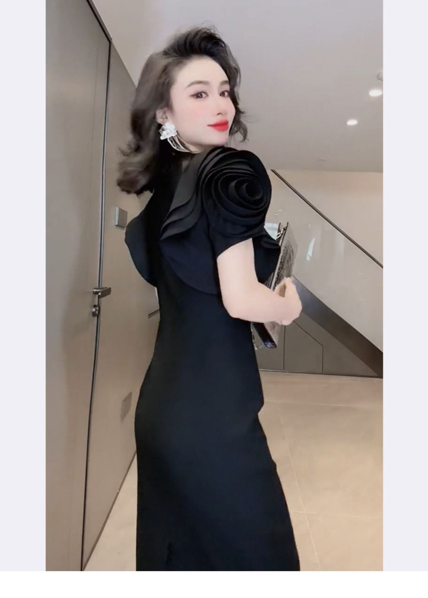 Đầm đen dáng ôm phong cách Hepburn thời trang hè mới FL231696, đầm dài thanh lịch kiểu Pháp — Màu đen