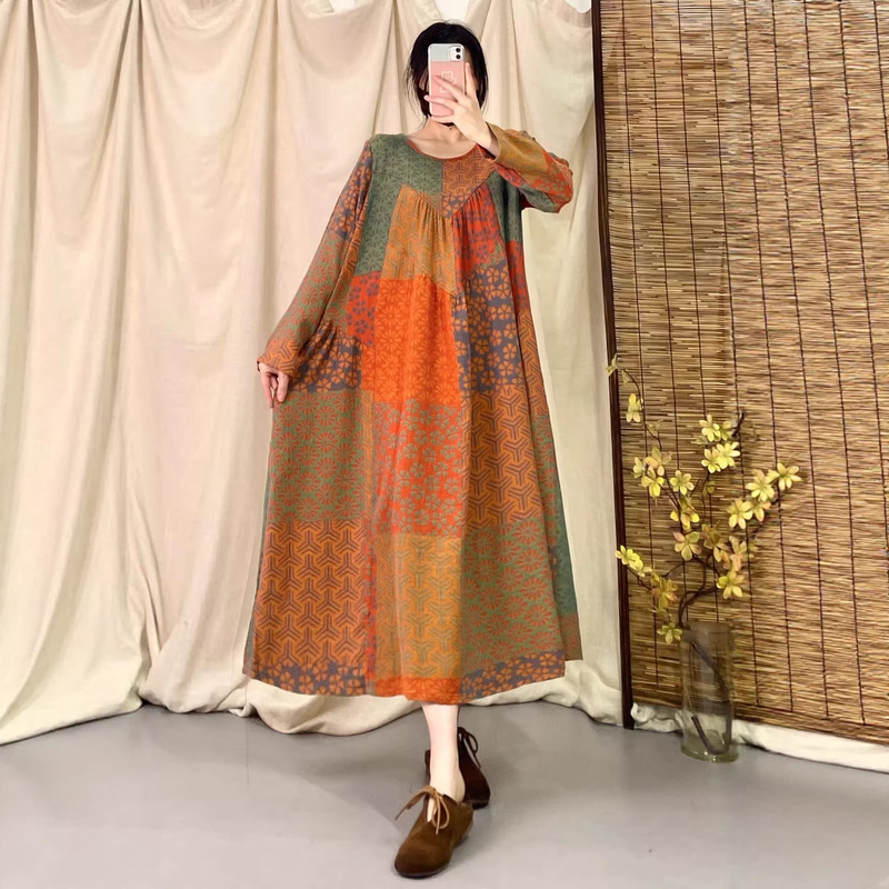 2025 Spring Cotton and Linen Digital Printing Women's Long Dress Lite Floral Women's Artistic Stitching dress