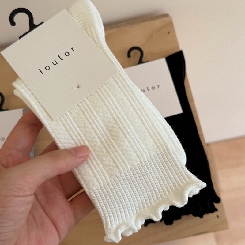 Ioulor New Ruffle Socks Women's Mid-Calf Socks Combed Cotton Socks Vertical Stripe Ballet Style Slouch Socks Zhuji Socks