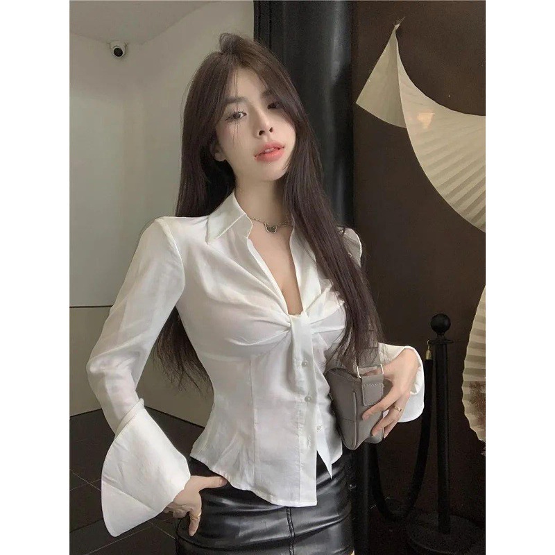 White autumn fitted design shirt, V-neckline, french style, trend of season