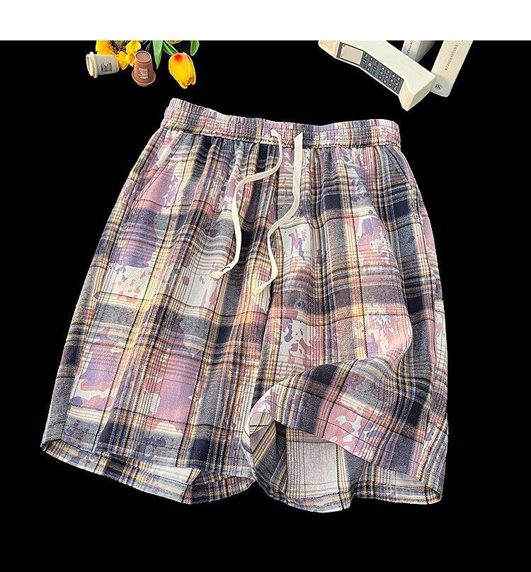 Men's And Women's Tie Dye Plaid High Waist Street Style Shorts Casual Retro Straight Five Point Beach Outerwear_viptrois.com