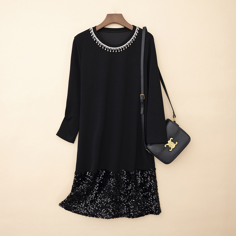 New Nearline Beaded Elegant Women's Dress Sequin Hem Stitching A- Shaped Elegant Black Mid-Length dress Autumn and Winter