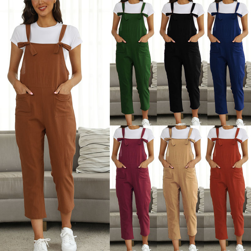 Independent Station Amazon Spring and Summer New Large Size Women's Artistic Cotton and Linen Suspenders Casual Pants Jumpsuit Gray