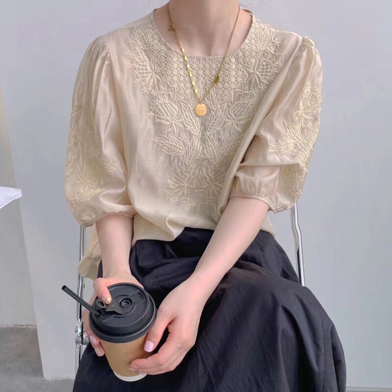 女性用重工業刺繍イミテーションテンセルシャツ、夏用薄手、ファッショナブルでスタイリッシュなパフスリーブトップス、ラウンドネック、七分袖シャツ|undefined