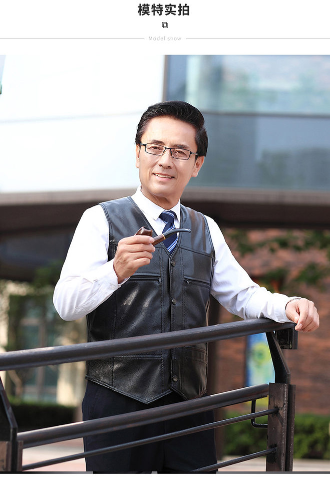 Áo vest nam da PU lót nhung có túi lớn, form rộng ấm áp cho người trung niên và người lớn tuổi — Màu đen chi tiết 19