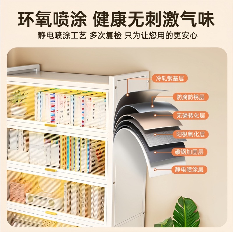 家用钢制书柜落地防尘储物柜出租屋收纳柜带门置物架翻盖儿童书架|undefined