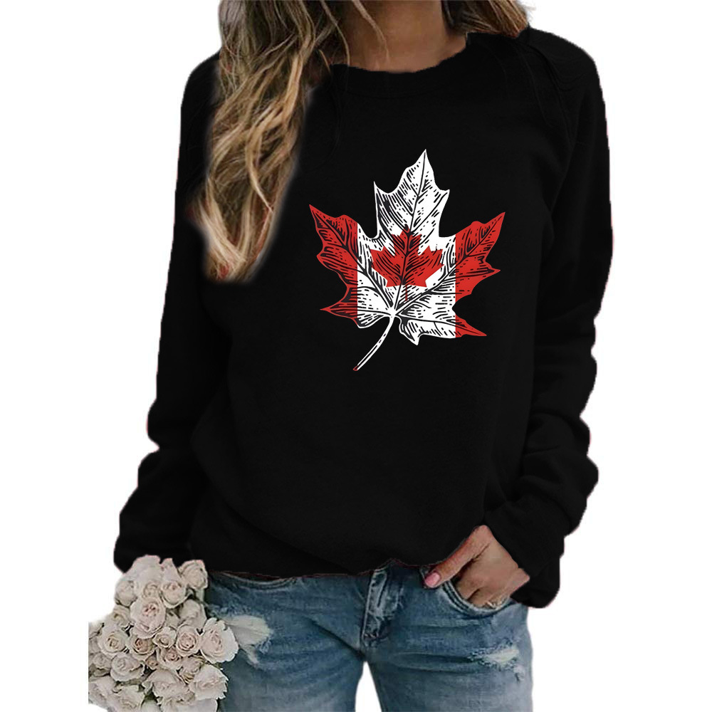 跨境货源外贸欧美 三叶草枫叶印花圆领女士卫衣外套 欧码大码宽松