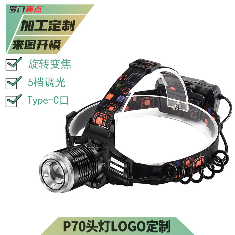 Personalizado P70 fuerte iluminación personalizada LOGO impresa recargable iluminación montada en la cabeza LED lámpara personalizada