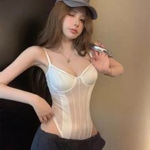 带胸垫吊带连体衣女性感内搭欧美风无袖蕾丝拼接鱼骨网纱连体上衣