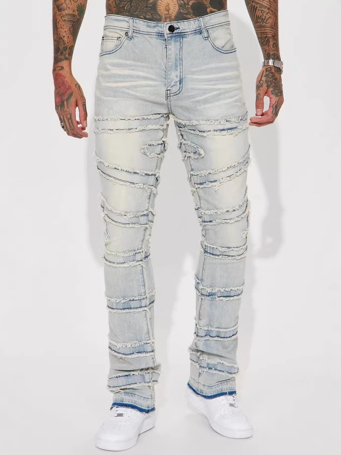 Pantalones de herramienta de vaqueros para hombres, pantalones de estilo rectos de moda europeos y estadounidenses, pantalones elásticos de vaqueros laminados, pantalones de hombre