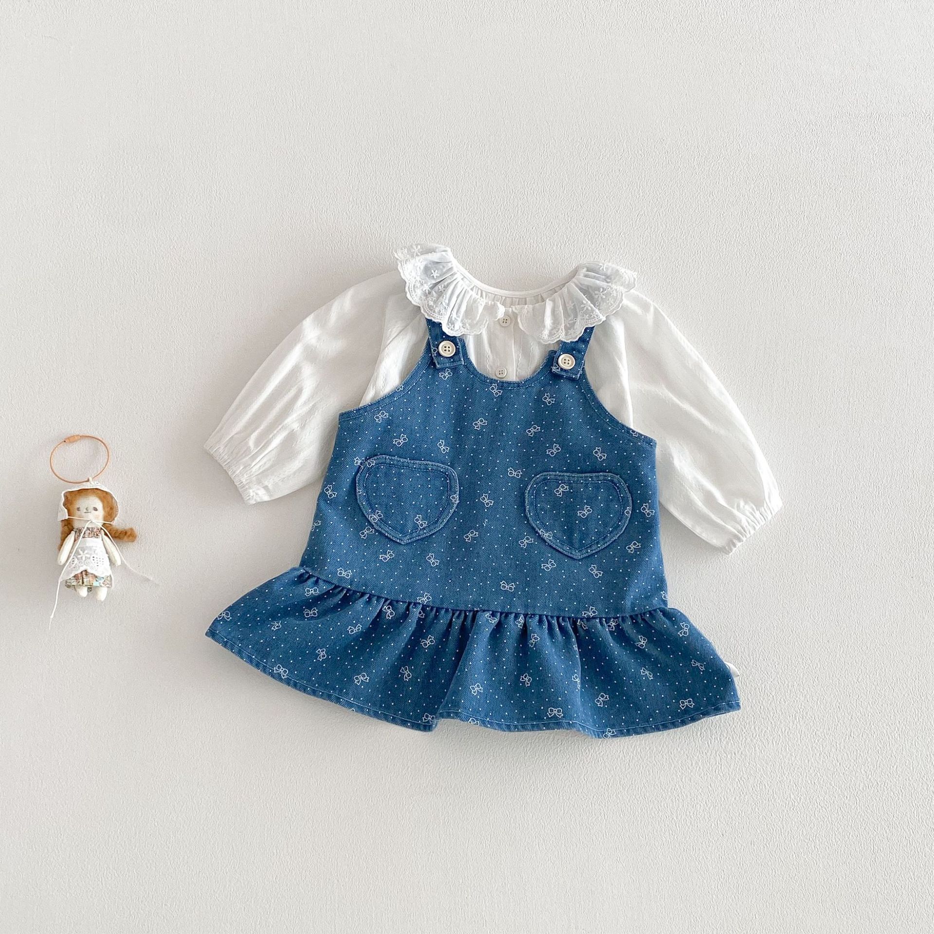 Cute spring denim skirt, children's dress with bow, girl's skirt, flowered