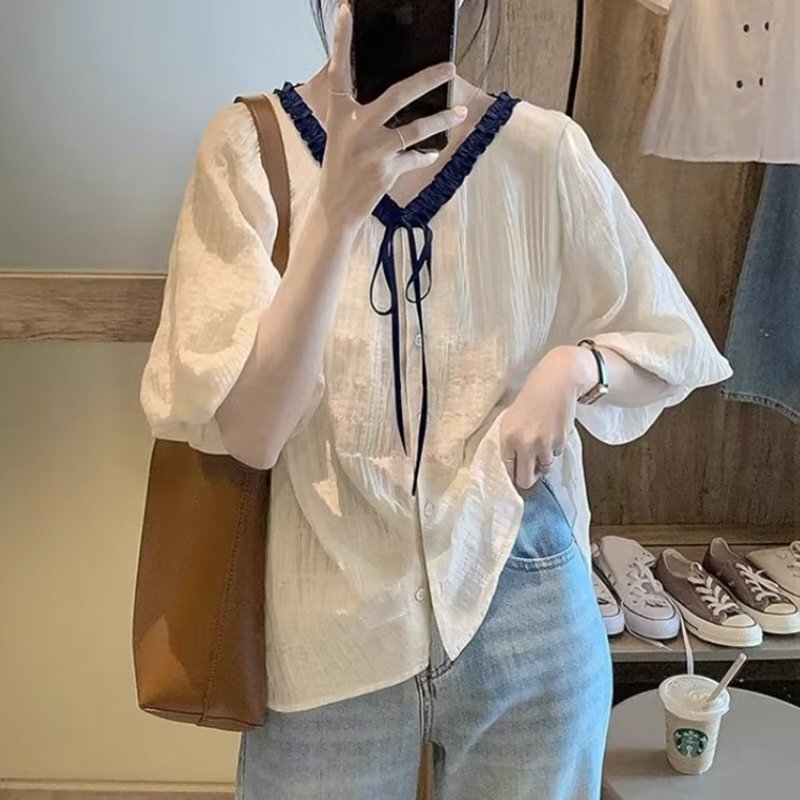 Korean Style Contrasting Pleated V-Neck White Shirt Women's Short-Sleeved Cotton and Linen Tops Women's Summer Puff-Sleeved Loose Casual Shirts Korean Style Contrasting Pleated V-Neck White Shirt Women's Short-Sleeved Cotton and Linen Tops Women's Summer Puff-Sleeved Loose Casual Shirts