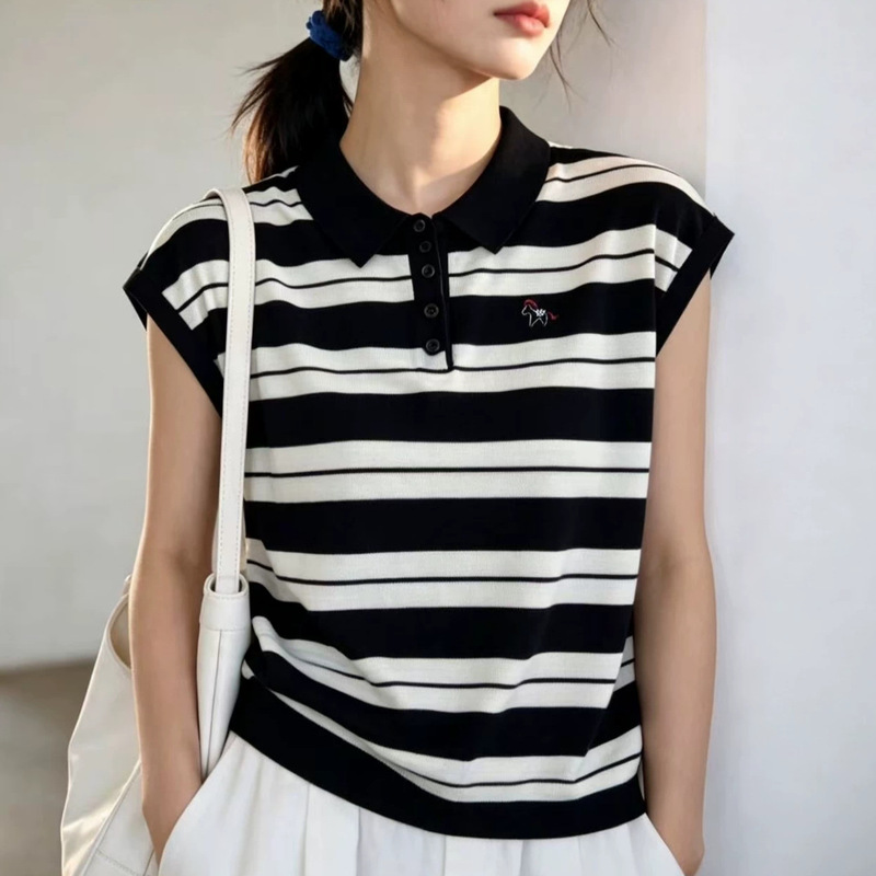 High-End Lyocell Tencel 2026 New Striped Polo Collar Knit Shirt T-Shirt Short-Sleeved Loose Navy Style Top