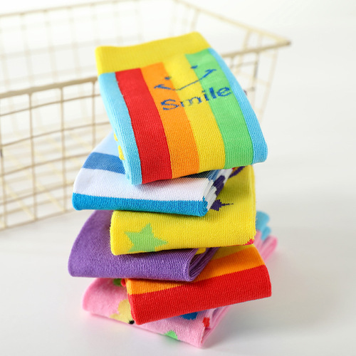  spring and autumn new style rainbow striped children's mid-calf socks, cotton knee-high socks, high socks for boys and girls
