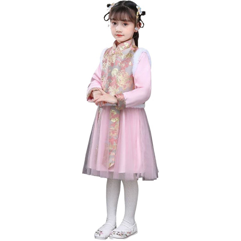 Зимняя новогодняя одежда Hanfu для девочек Новогодняя одежда принцессы для маленьких девочек толстый бархатный костюм Тан Чонсам Детский новогодний ханьфу