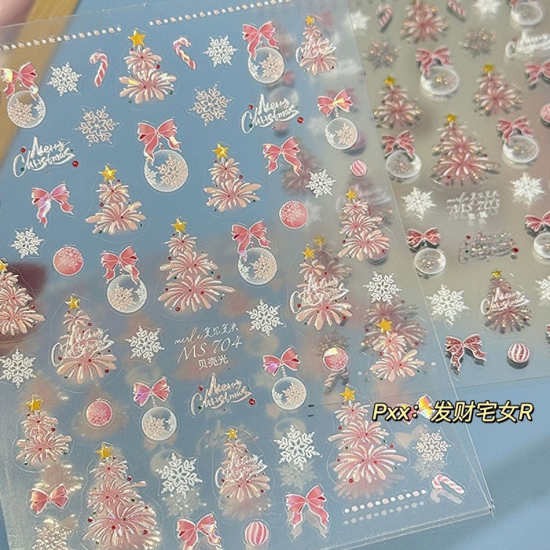 Pink Christmas Fireworks Shell Nail Art Sticker Little Red Book Same Style Three-Dimensional Embossed Fairy Nail Light Luxury High Level