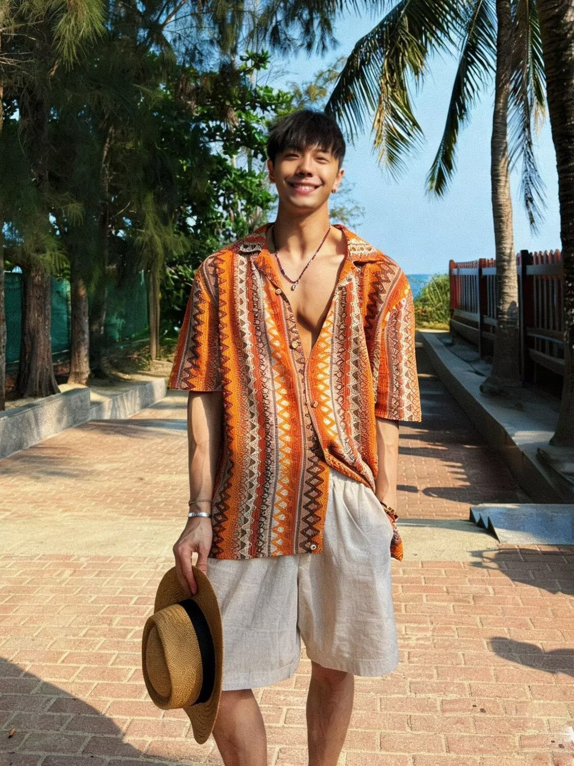 Wukong Youhuo Retro Ethnic Style Hollow-out Woven Cuban Collar Shirt Men's Summer Color Block Design Short-sleeved Shirt