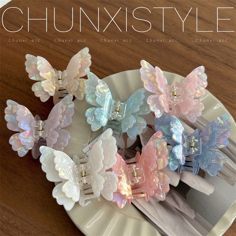 Colorful Double-Layer Butterfly Clip ~ Super Fairy Acetic Acid Half-Tied Hair High-End Shark Clip 2024 New Niche Hair Accessories
