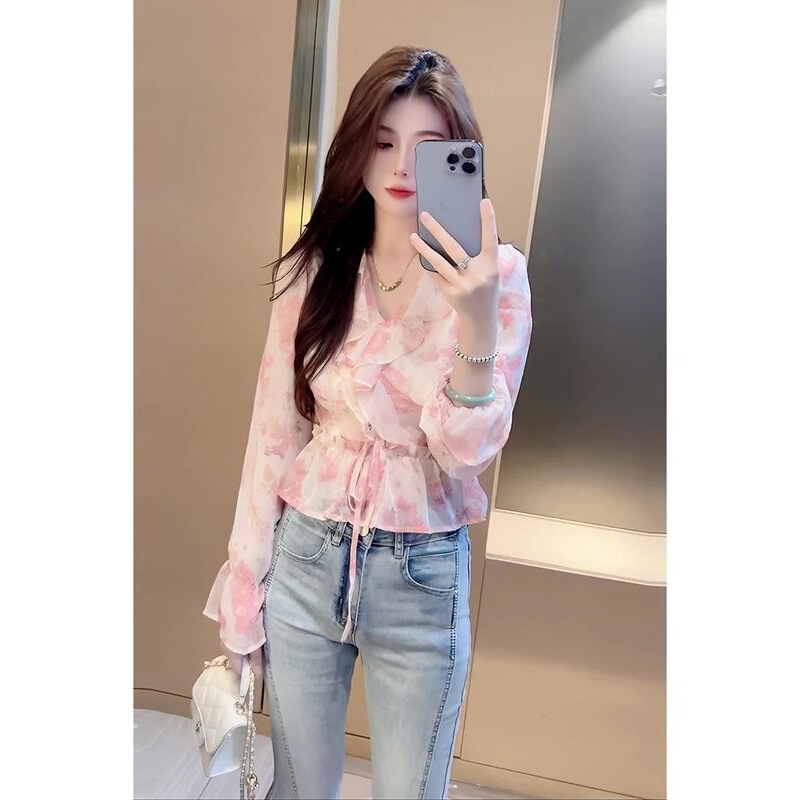 French V Neck Super Fairy Chiffon Shirt for Women in Spring and Autum New Sweet and Fashionable Printed Beautiful Ruffle Top