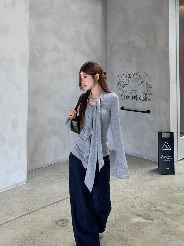 荷叶边飘带圆领长袖T恤针织衫女夏2025新款不规则设计感打底上衣|undefined