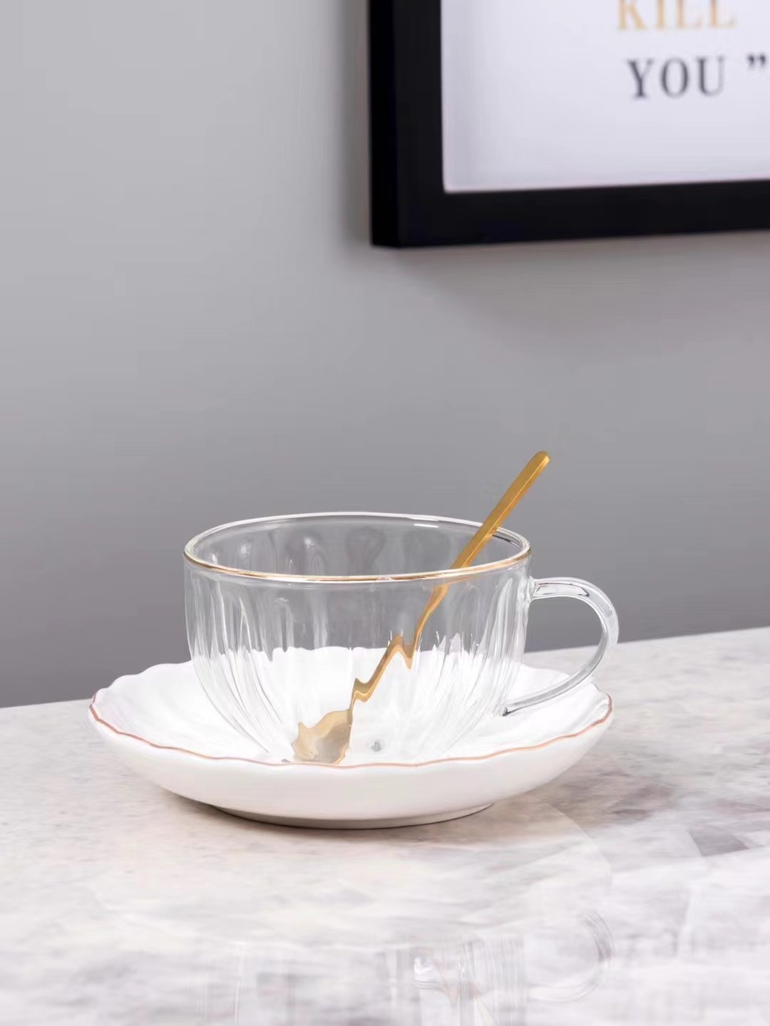 Estilo nórdico simple personalizada taza de café de cristal con platillo cuchara taza de regalo té de la tarde taza de la Oficina