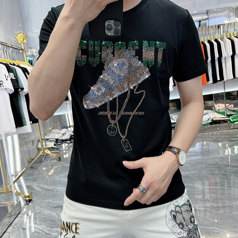 2026 New Summer Ice Silk Short-Sleeve T-Shirt for Men, Trendy Slim-Fit Half-Sleeve Fashion Brand Tee, Shoes with Rhinestones, Mercerized Cotton