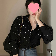韩国chic春季复古赫本风翻领撞色波点设计宽松休闲百搭长袖衬衫女