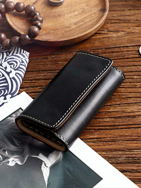 Vintage Handmade Key Chain Vegetable Tanning Top Layer Cowhide Buckle Key Case Men's Genuine Leather Card Holder Multifunctional Key Bag