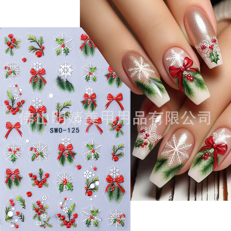 Christmas Embossed Nail Stickers Cross-Border Ins-Style New Year Christmas Leaf Bow Adhesive Nail Decals Christmas Embossed Nail Stickers Cross-Border Ins-Style New Year Christmas Leaf Bow Adhesive Nail Decals