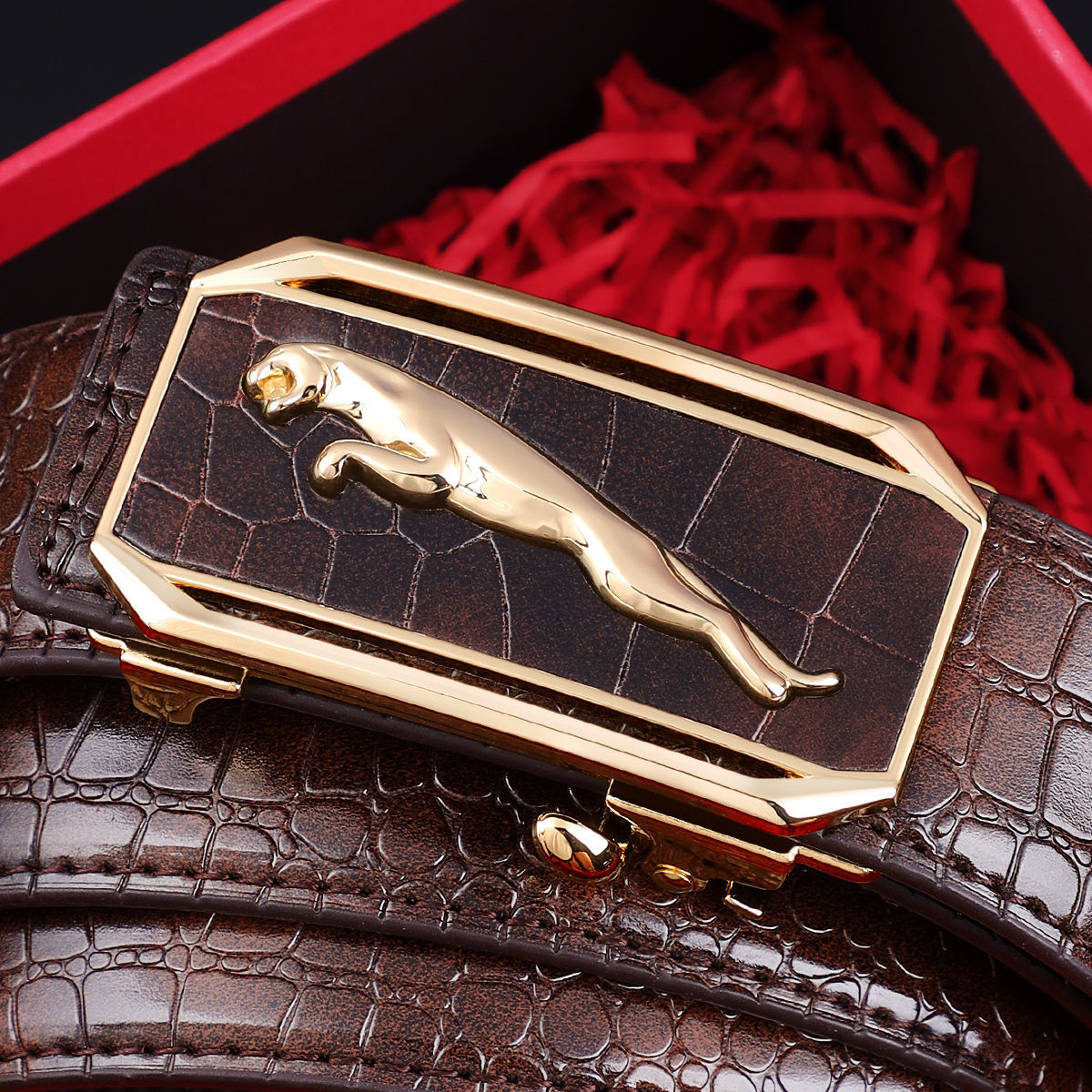 Nuevo cinturón de los hombres patrón de cocodrilo cuero genuino hebilla automática sin dientes todo partido cinturón de los hombres jóvenes y de mediana edad casual pantalones de negocios cinturón