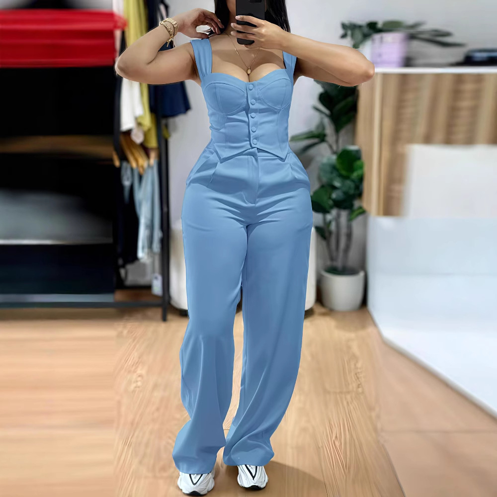 Nuovo completo da donna color albicocca composto da canotta e pantaloni a gamba larga a vita alta, outfit casual e aderente per l'autunno._voghion.com