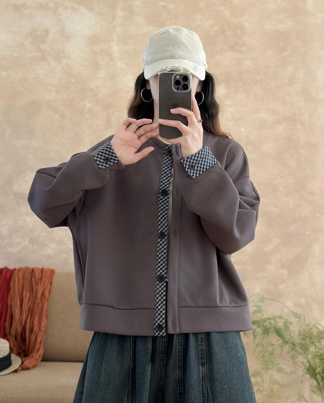 秋季新款针织棉外套女宽松格子拼接撞色休闲圆领百搭显瘦上衣批发|undefined