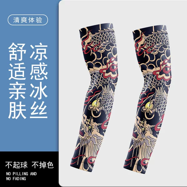 Men's Summer Sun Protection Ice Silk Arm Sleeves Floral Arm Outdoor Cycling Driving Sunshade Ice Sleeves Arm Tattoo Sleeves