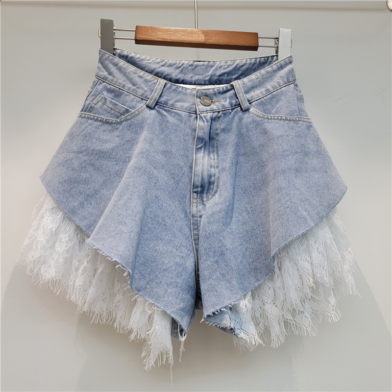 Pantalones Cortos de Mezclilla con Encaje de Denim y Poliéster de Cintura Baja
