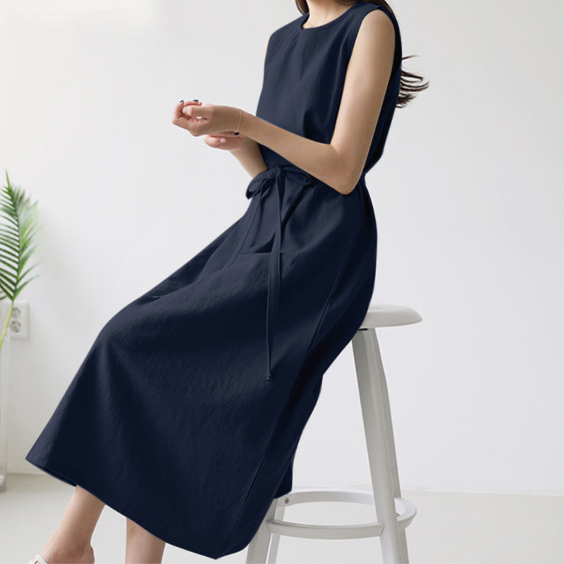 European And American Cross-border Women's Fashion Loose Bohemian Sleeveless Round-neck Solid Color Cotton-linen Long_ecoleips.com
