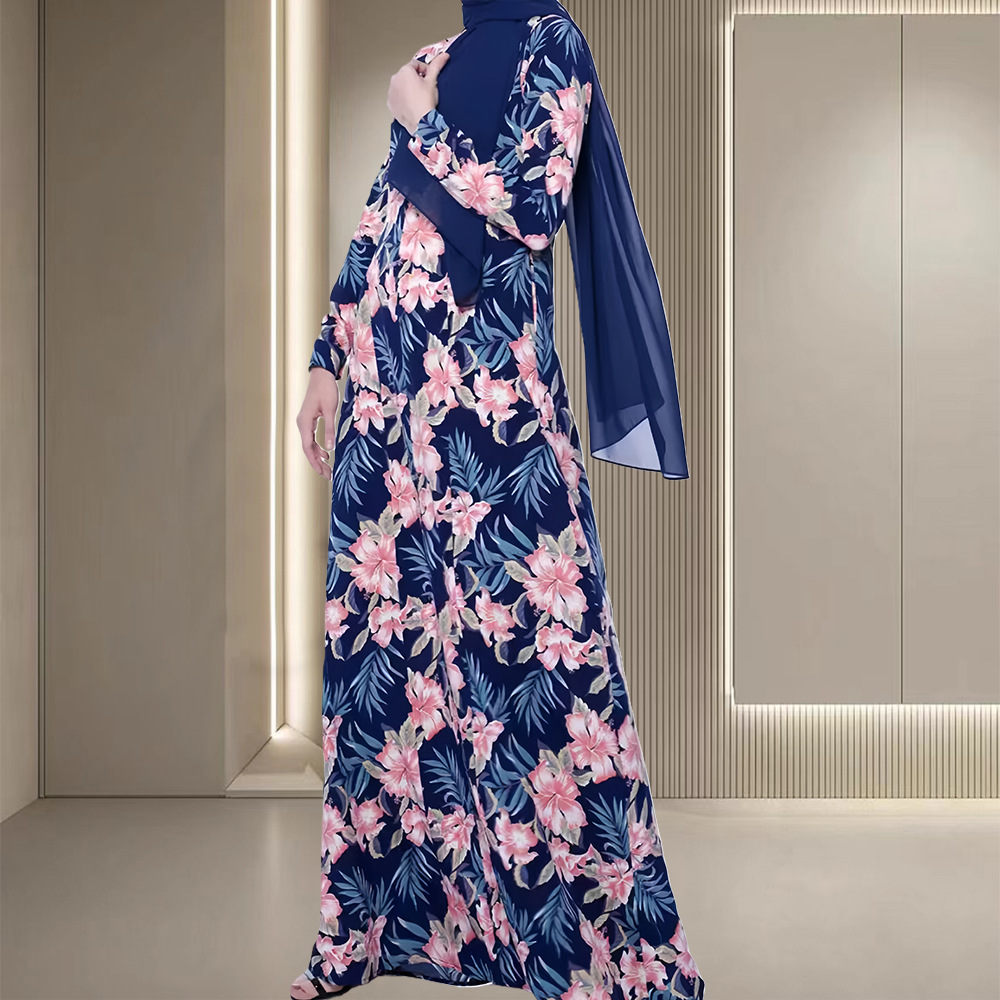 Tropical Floral Maxi Dress – Modest Long Sleeve Scarf Wrap Dress For Middle Eastern Fashion Breathable Shield_ecoleips.com