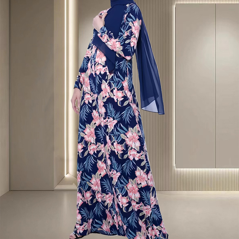 Tropical Floral Print Long Dress, Fashionable and Casual, Plus Size, Elegant and Slimming, Long Sleeves with Scarf