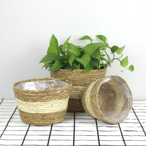 Cattail woven flowerpot potted straw flower basket indoor and outdoor home decoration container plant basket ornaments woven basket